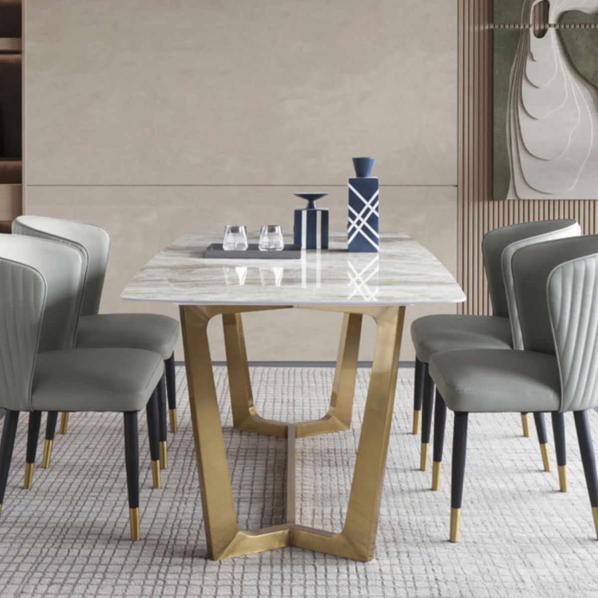 Mesa de comedor rectangular moderno de metal Mesa de piedra sinterizada para el comedor