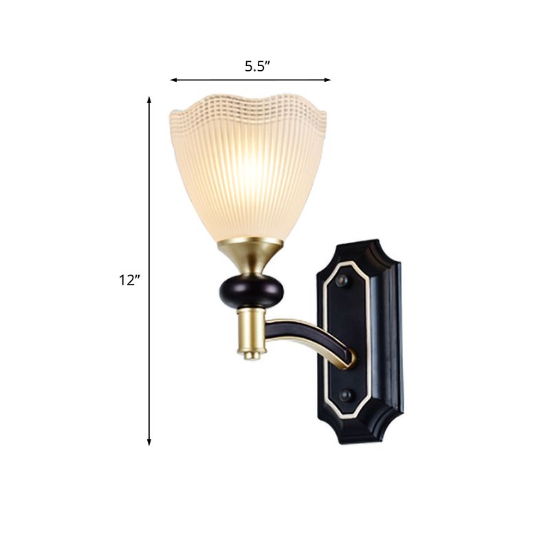 Traditionalism Flower Wall Light 1/2-Bulb Prismatic White Glass Wall Sconce Lamp in Black