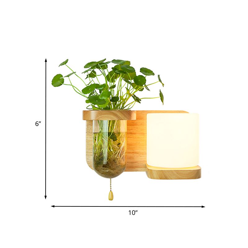 Madera globa/cilindro apliques nórdico vidrio crema nórdica 1 luz de la pared del dormitorio de bulbo con maceta y cadena de extracción