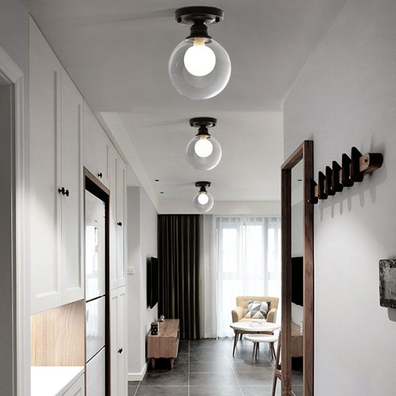 Spherical Glass Semi Flush Mount Light Simplistic Black Semi-Flush Ceiling Light