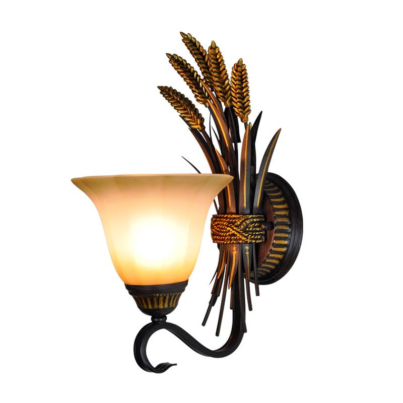 Bell Bedroom Wall Sconce Light Vintage Frosted Glass 1-Head Black and Gold Wall Lighting