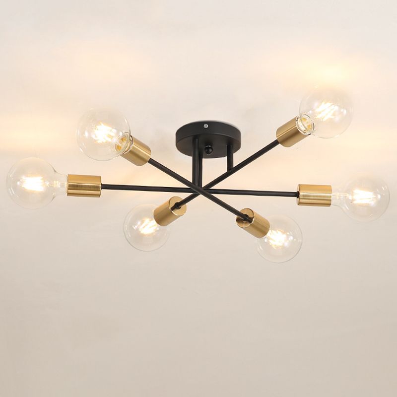 27.5 Inches Wide Bare Bulb Ceiling Lighting Fixture 6-Lights Industrial Style Simplicity Metal Semi Flush Mount Lamp