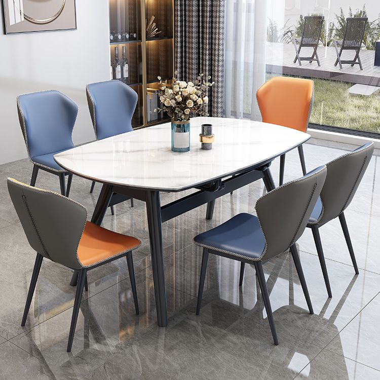 Modern Extendable White Stone Top Dining Table with 4 Black Rubberwood Legs