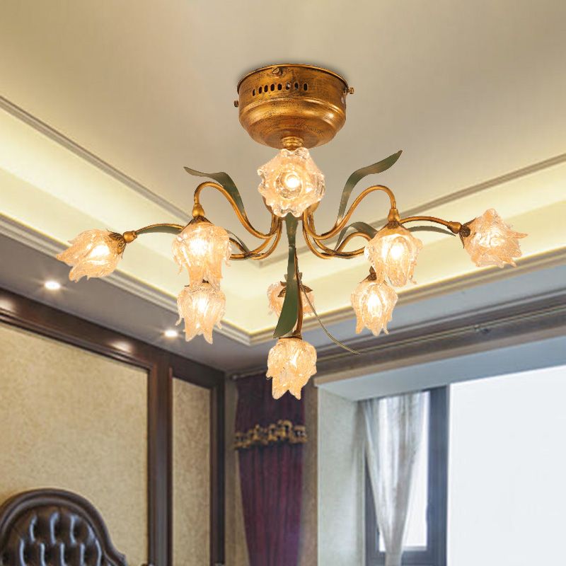 9 head Cerca de la lámpara de techo Romántica de la sala pastoral LED Semi Flush Mounting con vidrio esmerilado en latón en latón