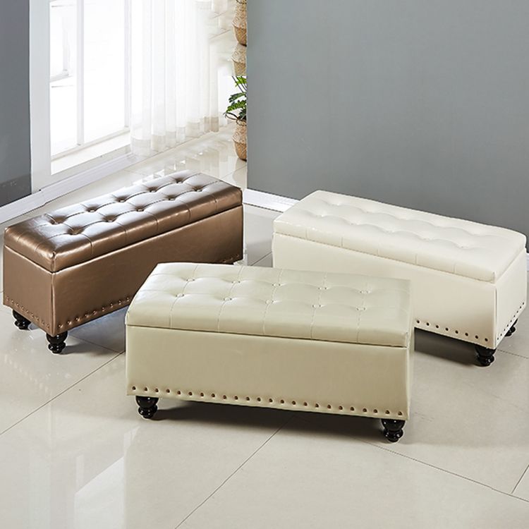 Contemporary Pouf Ottoman PU Leather Nailhead Trim Tufted Square Ottoman with Storage