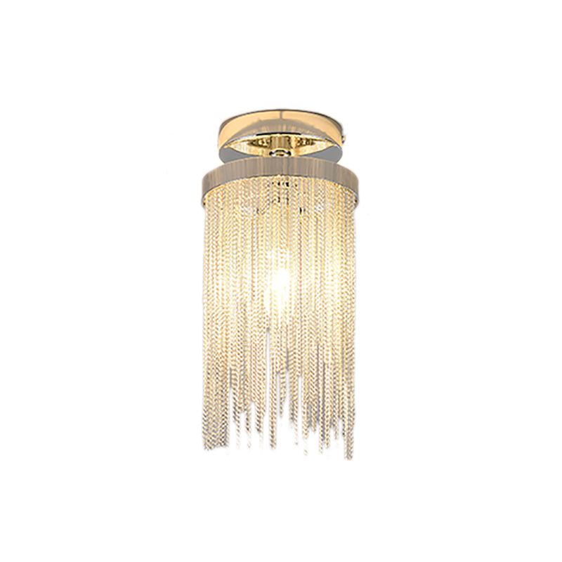 Cylinder Semi Flush Mount Light Modern Crystal Strand 1 Light Blue/Green/Chrome Ceiling Light