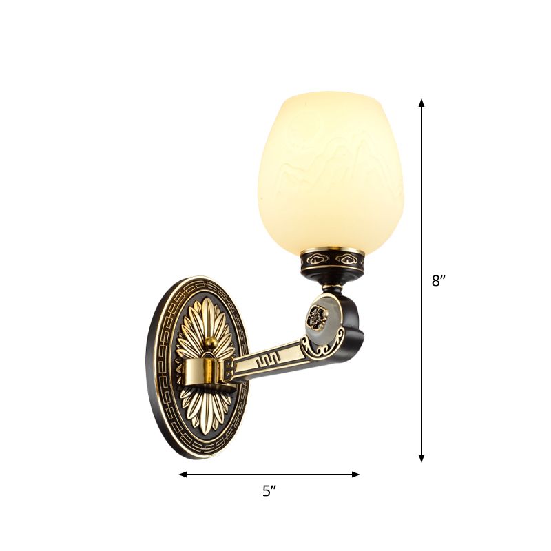 Milky Glass Carving Oval Sconce Vintage 1 Light Living Room Wall Lighting Fixture in Black and Gold