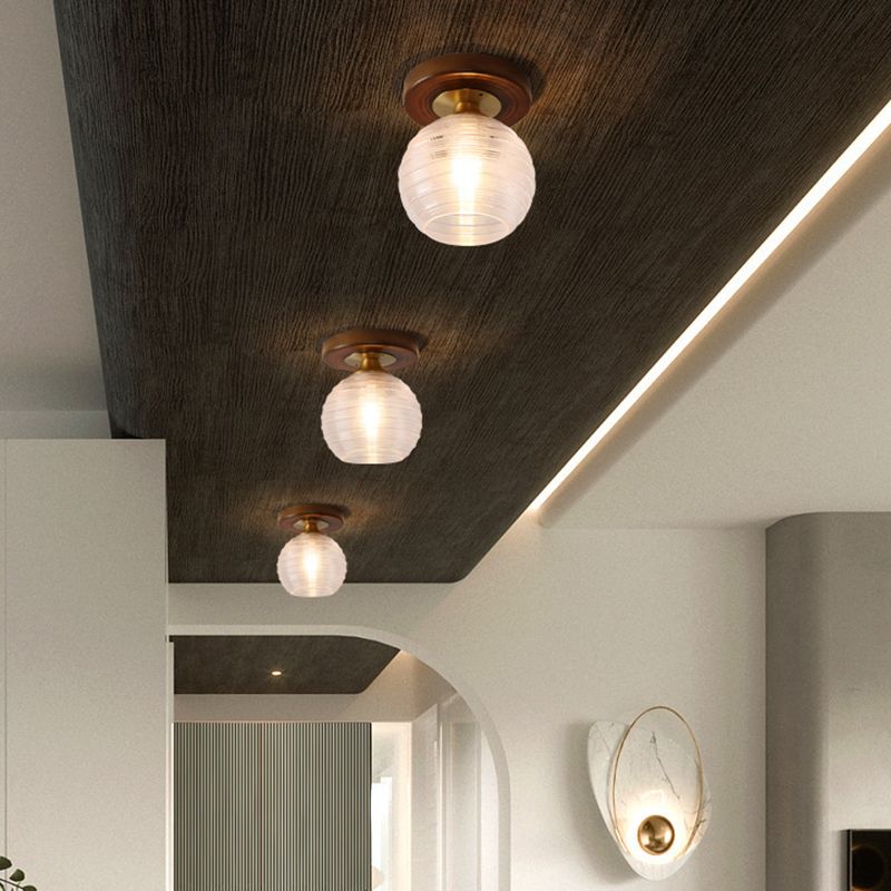 Simplicity Small Ceiling Flush Light Clear Glass 1 Bulb Entryway Flush Mount Light in Dark Wood
