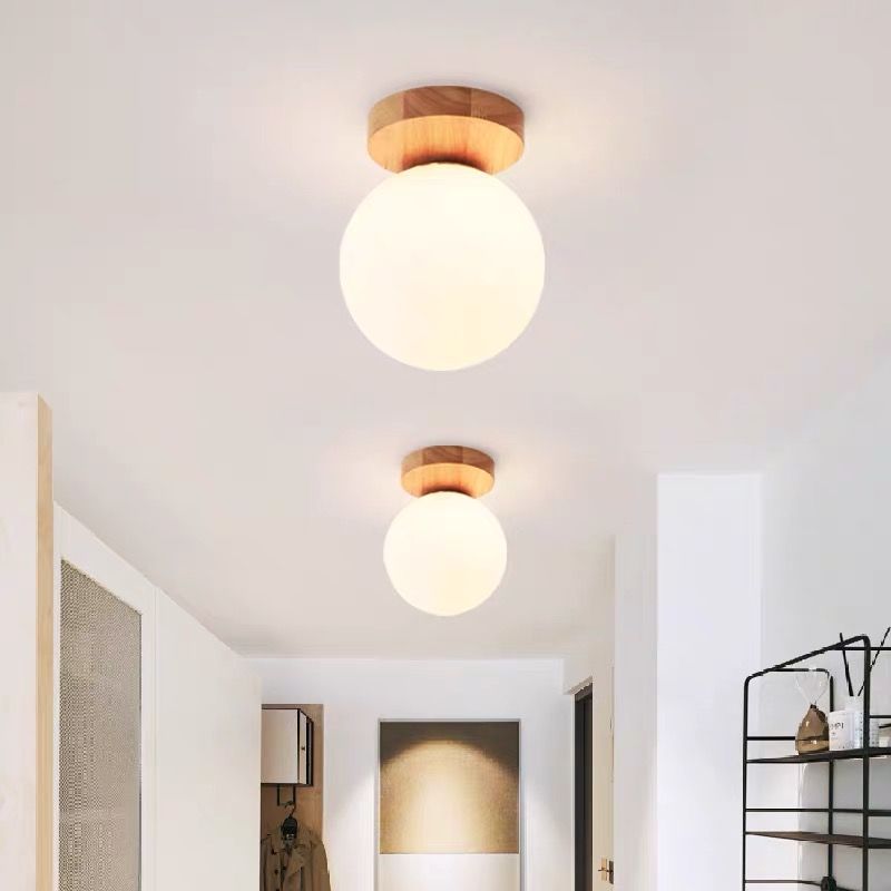 Modern Wooden Ceiling Light Glass Shade Flush Mount Light for Living Room