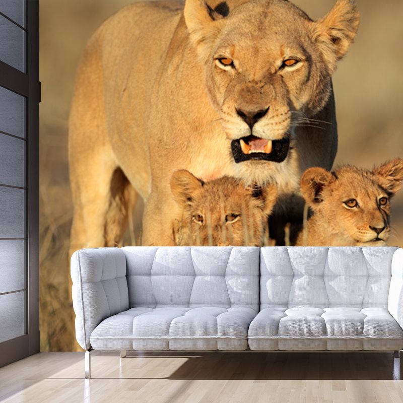 Lion with Its Kids Mural in Brown Modern Style Wall Decor for Living Room, Size Optional