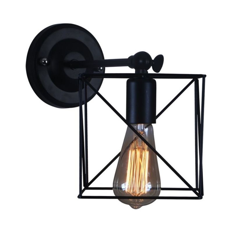 1 Head Metal Wall Lighting Antique Style Black Squared Cage Shade Bedroom Wall Mounted Lamp