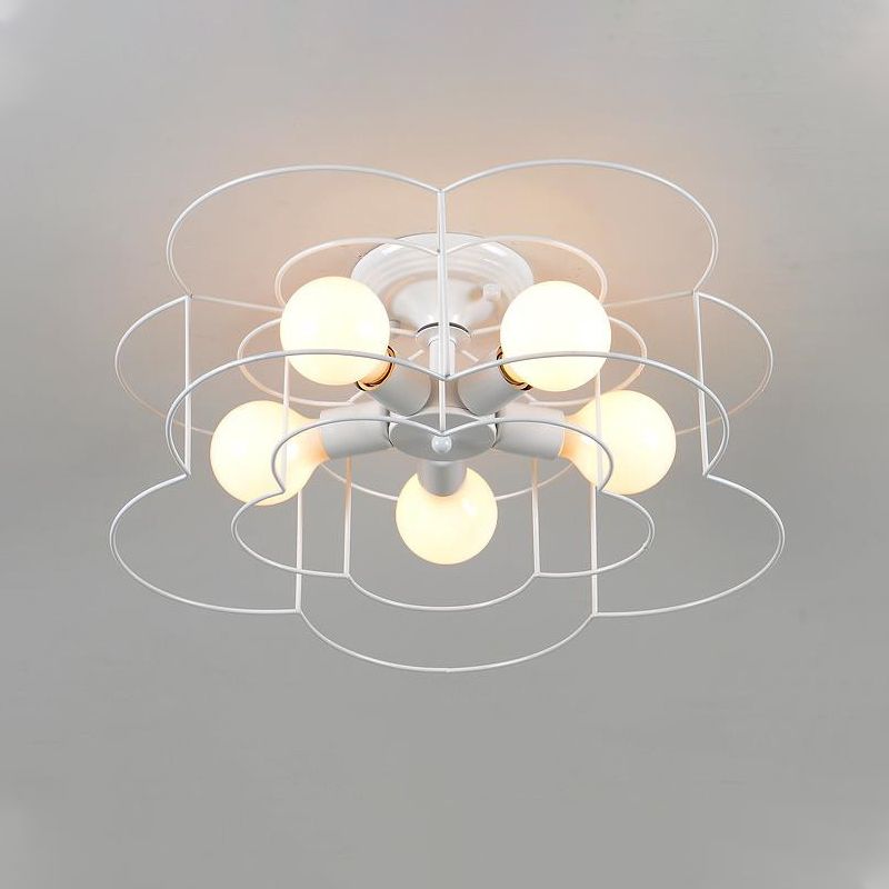 5-Light Bloom Shaped Semi-Flush Mount Modern Simple Wire Caged Ceiling Light in White for Bedroom
