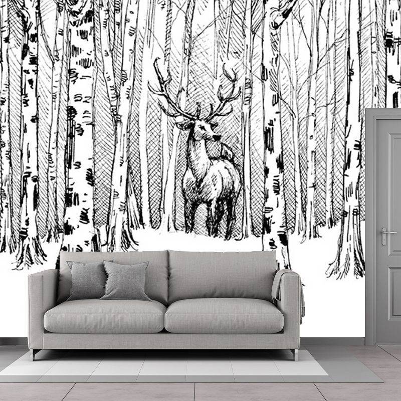 Black-White Modern Art Mural Full Size Deer in Bare Trees Patterned Wall Decor for Home