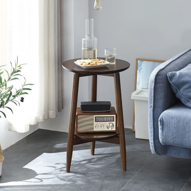 Solid Wood Round Top Side Table 23.6" Tall 3 Legs End Table with Shelf