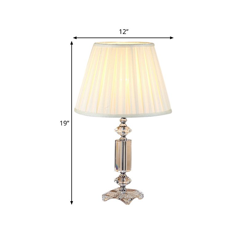 1 Bulb Tapered Pleated Shade Table Light Traditional Blue/Cream Gray/Beige Fabric Night Stand Lamp with Clear Crystal Base
