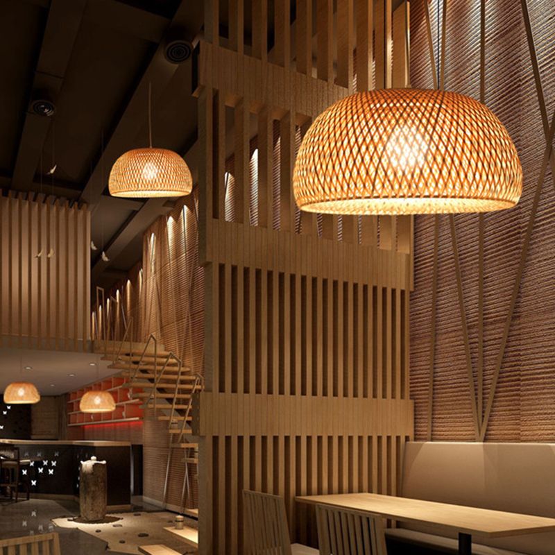 Bowl Bamboo Hanging Pendant Light Chinese Style Beige Pendant Ceiling Light for Restaurant