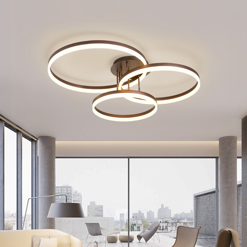 Lámpara de techo LED de 3 anillos dorado/café Lámpara de montaje semi empotrada de acrílico minimalista en luz blanca/cálida