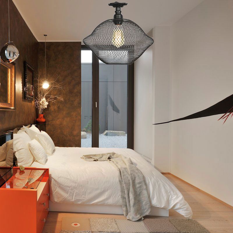 1 Bulb Saucer/Barrel Semi Flush Light Industrial Stylish Black Finish Metal Ceiling Mounted Light with Mesh Screen