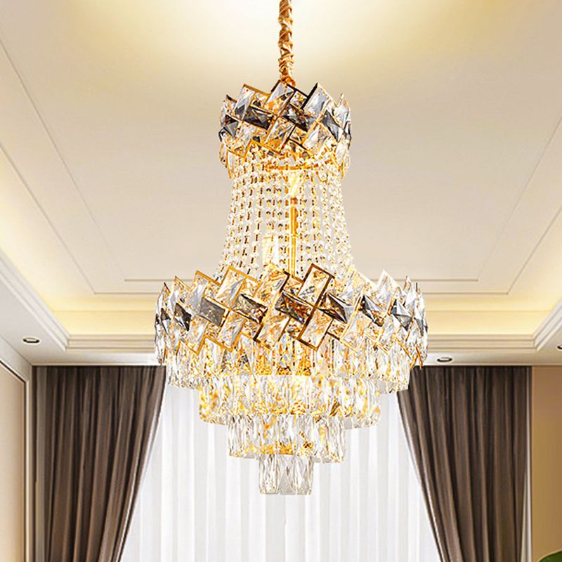 5/8 Heads Basket Chandelier Contemporary Gold Finish Clear Cut Crystal Blocks Ceiling Lighting, 16"/19.5" Wide