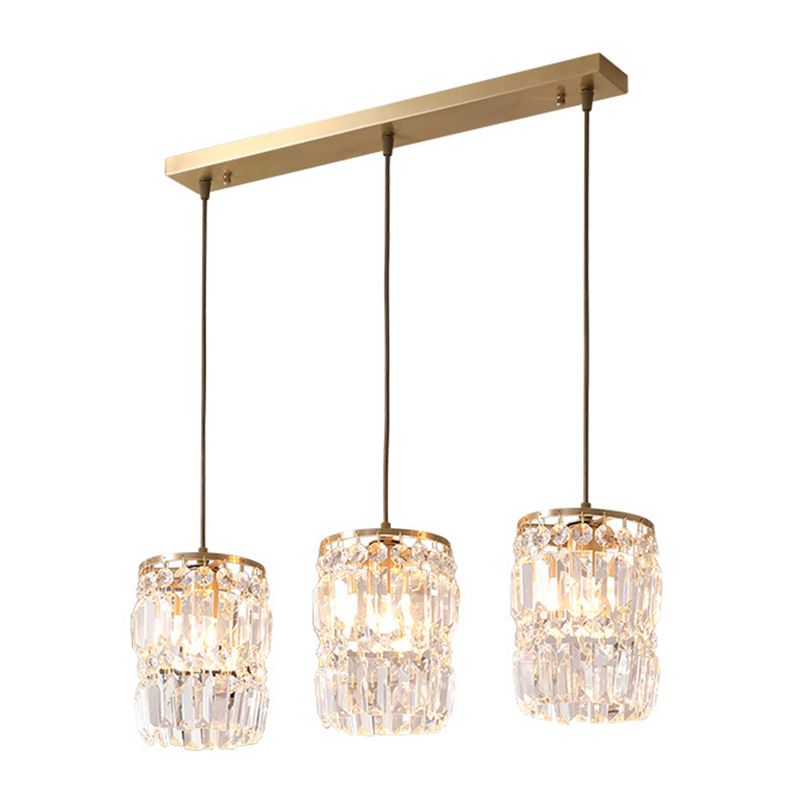 3-Lights K9 Crystal Drops Shade Island Light Brass Contemporary Style Kitchen Bar Hanging Lamp in Gold