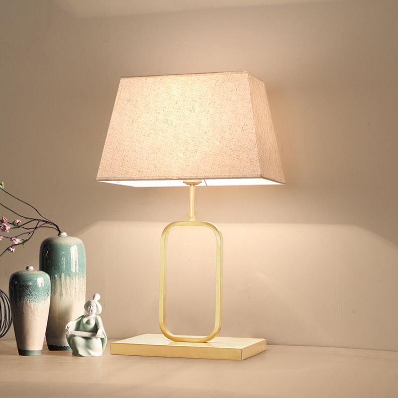 Contemporary Rounded Rectangle Table Light Metal 1-Light Bedside Nightstand Lamp with Fabric Shade in Gold