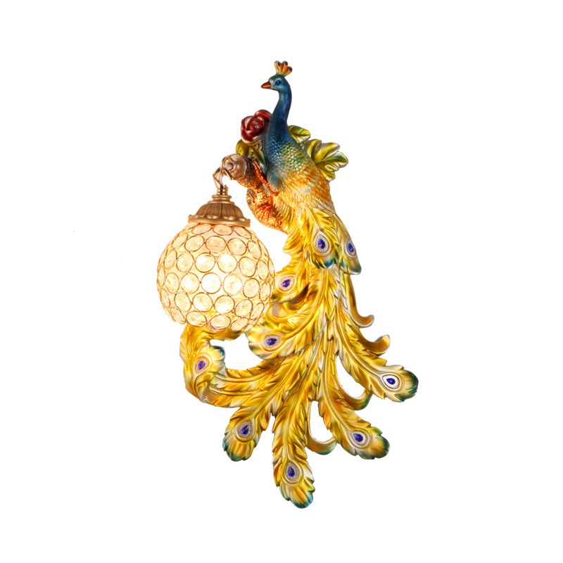 1 Light Blue/Gold Peacock Wall Lamp Country Resin 1/2-Pack Sconce Lighting with Crystal Globe Shade, Double/Right/Left