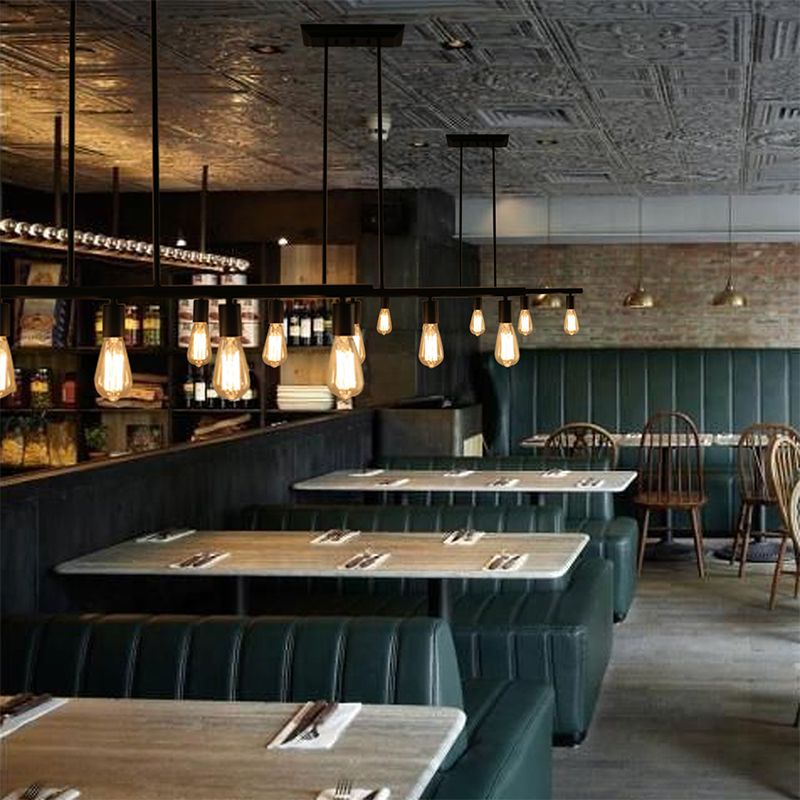 Black Finish Linear Island Lamp Vintage Style 5-Head Metallic Hanging Island Light with Bare Bulb for Dining Room