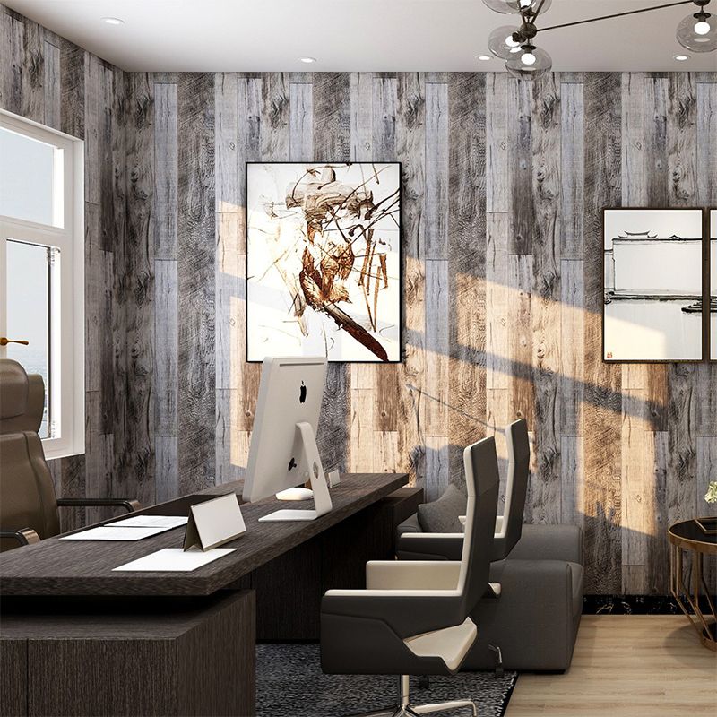 Farmhouse Repurposed Wood Wallpaper Brown Office Wall Art in Dark Color, Peel and Paste
