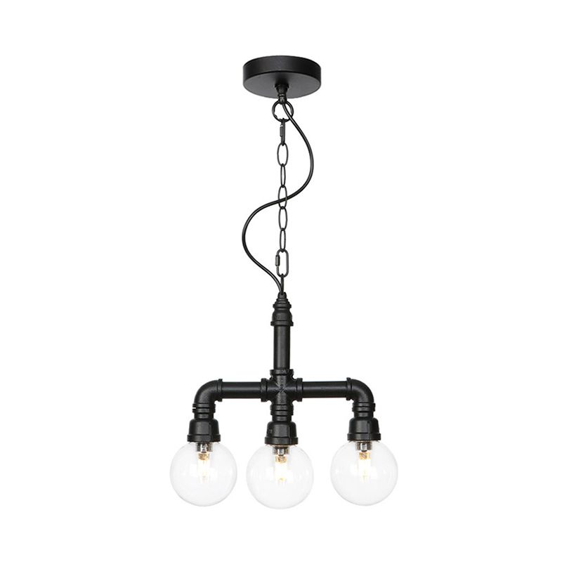 Metallic Black Hanging Lighting Piping 3/4 Heads Vintage LED Chandelier Pendant Lamp with Ball Clear Glass Shade for Bar