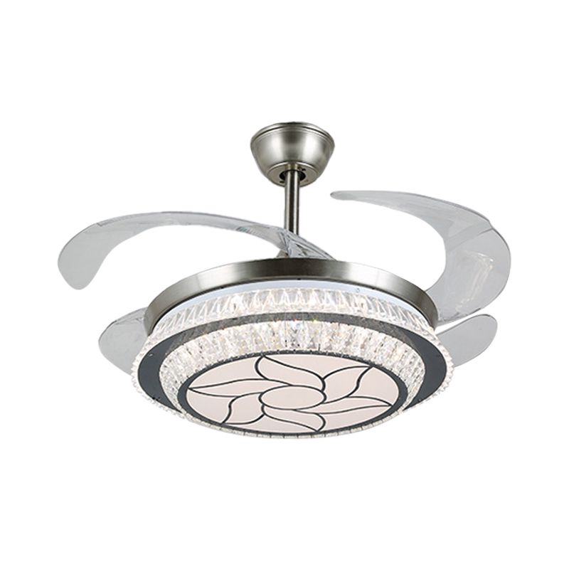 19 "breit gestufte Kristall Halbflush Mount Leichte LED Silber Hanging Lüfterlampe mit 4 Klingen