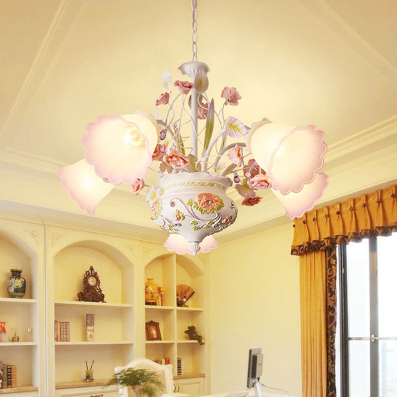 Purple and White Glass Flower Ceiling Chandelier Korean Garden 5 Bulbs Living Room LED Hanging Pendant