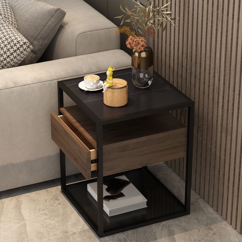 Square Glass/Stone Top End Table 21.26" Tall 1-Drawer Side Table with Storage Shelf