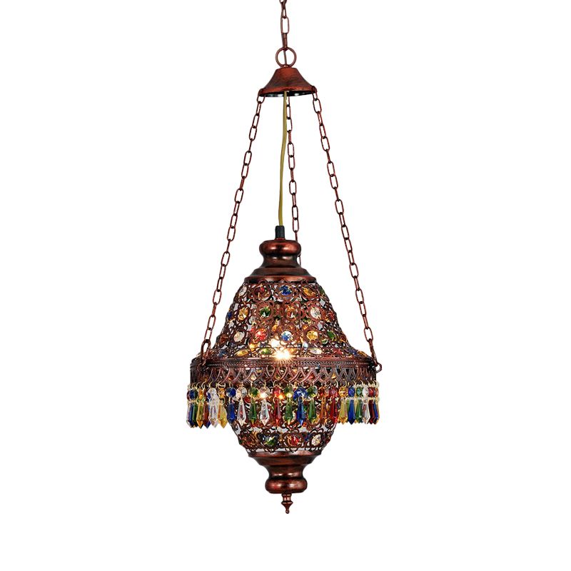 Lantern Metal Hanging Light Kit Vintage 1 Head Bedroom Suspension Pendant in Copper