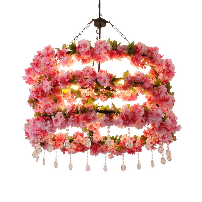 Vintage Round Chandelier Lamp 6 Bulbs Metal LED Flower Ceiling Pendant Light in Pink with Crystal Accent