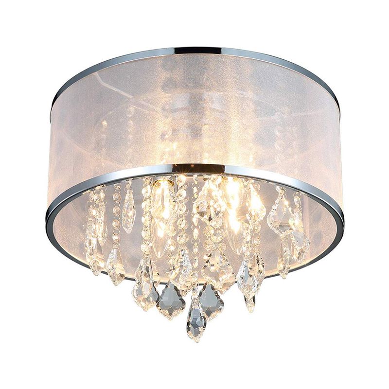 Drum Shade Fabric Flush Mount Fixture Simple 4 Lights Bedroom Close to Ceiling Light in Chrome with Crystal Accent