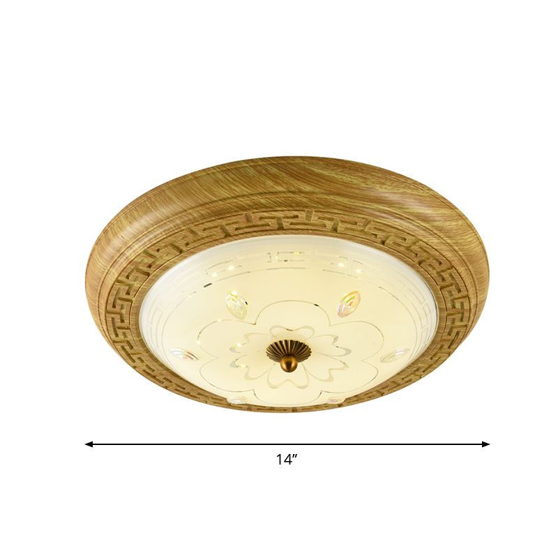 Plafonnier LED en bois avec abat-jour en forme de dôme en verre, simple cercle jaune-marron, 14"/19,5" de largeur