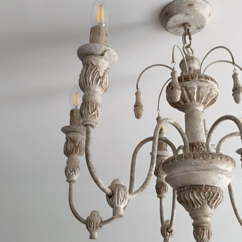 Hand Carving Aged Solid Wood Chandelier 6-light Rustic Style Candlestick Design Lighting Fixture for Coffee Shop