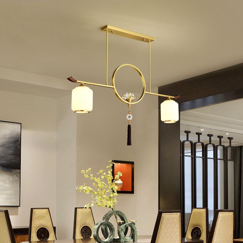 Modern Style Cylindrical Shape Island Lights White Glass 2-light Island Lighting in Gold