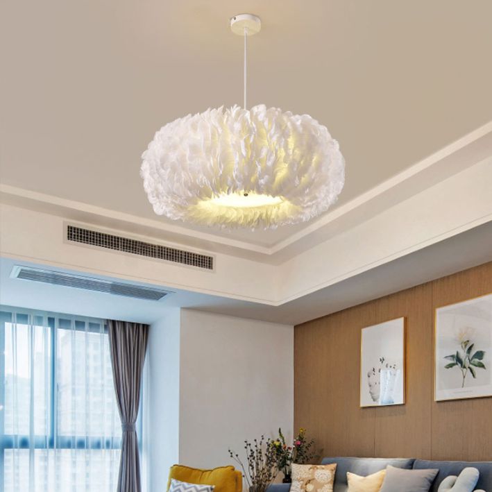 Circle Feather Chandelier Pendant Light Minimal Hanging Light Fixture for Bedroom
