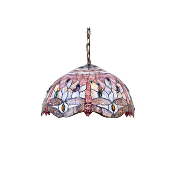 Dome Ceiling Lamp Tiffany Shell 3 Bulbs Pink Hanging Pendant Light with Dragonfly Pattern, 12"/16" Wide