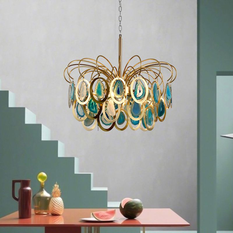 Green Peacock Feather Chandelier Light Modern 5-Head Iron Ceiling Hanging Pendant with Agates