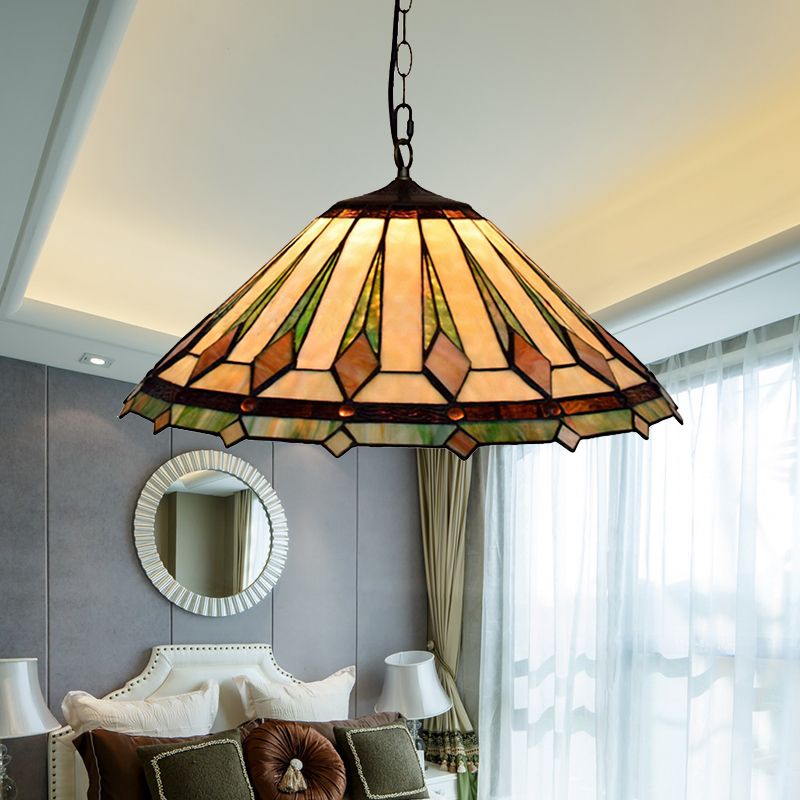 Brown Tapered Pendant Ceiling Light Tiffany 2 Heads Multicolored Stained Glass Hanging Lamp for Bedroom