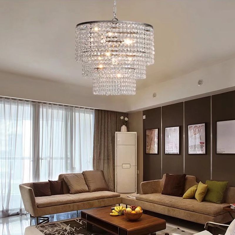 Chrome Tiered Round Chandelier Pendant Rustic Crystal Strand Living Room Hanging Light