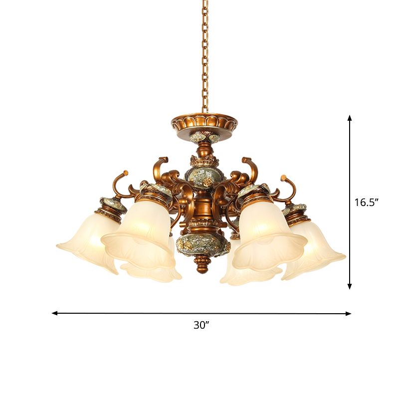 6/8 Bulbs Hanging Chandelier with Floral Shade Milky Glass Vintage Style Guest Room Ceiling Hang Fixture in Brown