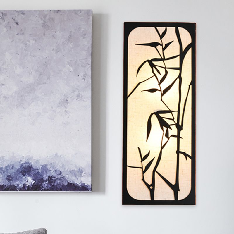 Fabric Cuboid Shaped Bamboo Leaf Mural Light Chinese Style 5-Bulb Wall Mounted Lamp in Black