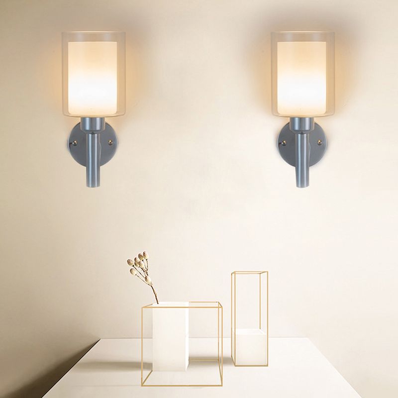Minimalism Wall Sconce Cylinder-Shade Wall Light Fixture with Glass for Bedroom