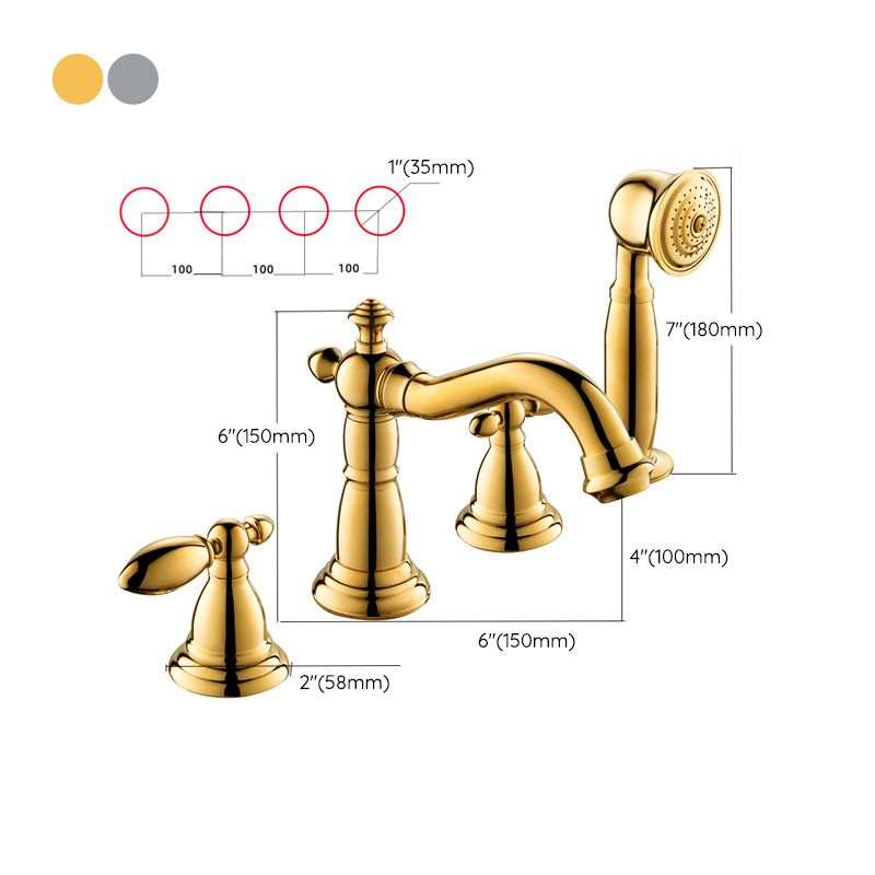 Gold and Chrome Roman Tub Filler Two Handle Deck-Mount Tub Faucet with Handshower