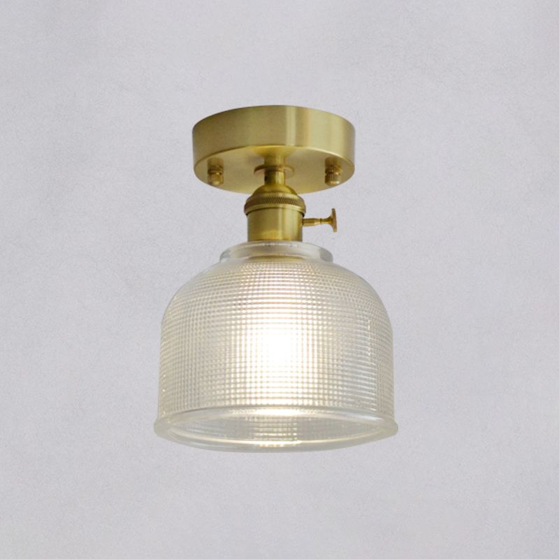 Brass Finish 1-Head Ceiling Mounted Light Minimalist Carved Glass Shaded Semi Flush Mount Lamp for Corridor