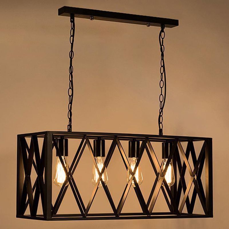 Black Cage Shape Island Pendant Light Industrial Metal Coffee Shop Chandelier Lamp