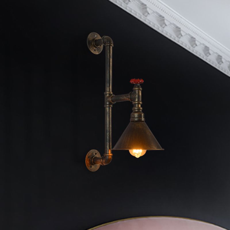 Industrial Plumbing Pipe Wall Mounted Lamp with Valve Decoration 1 Light Metal Wall Lighting in Rust/Antique Brass